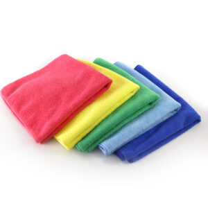 Set of red, yellow, green, blue, and navy microfiber cloths arranged in a fan layout