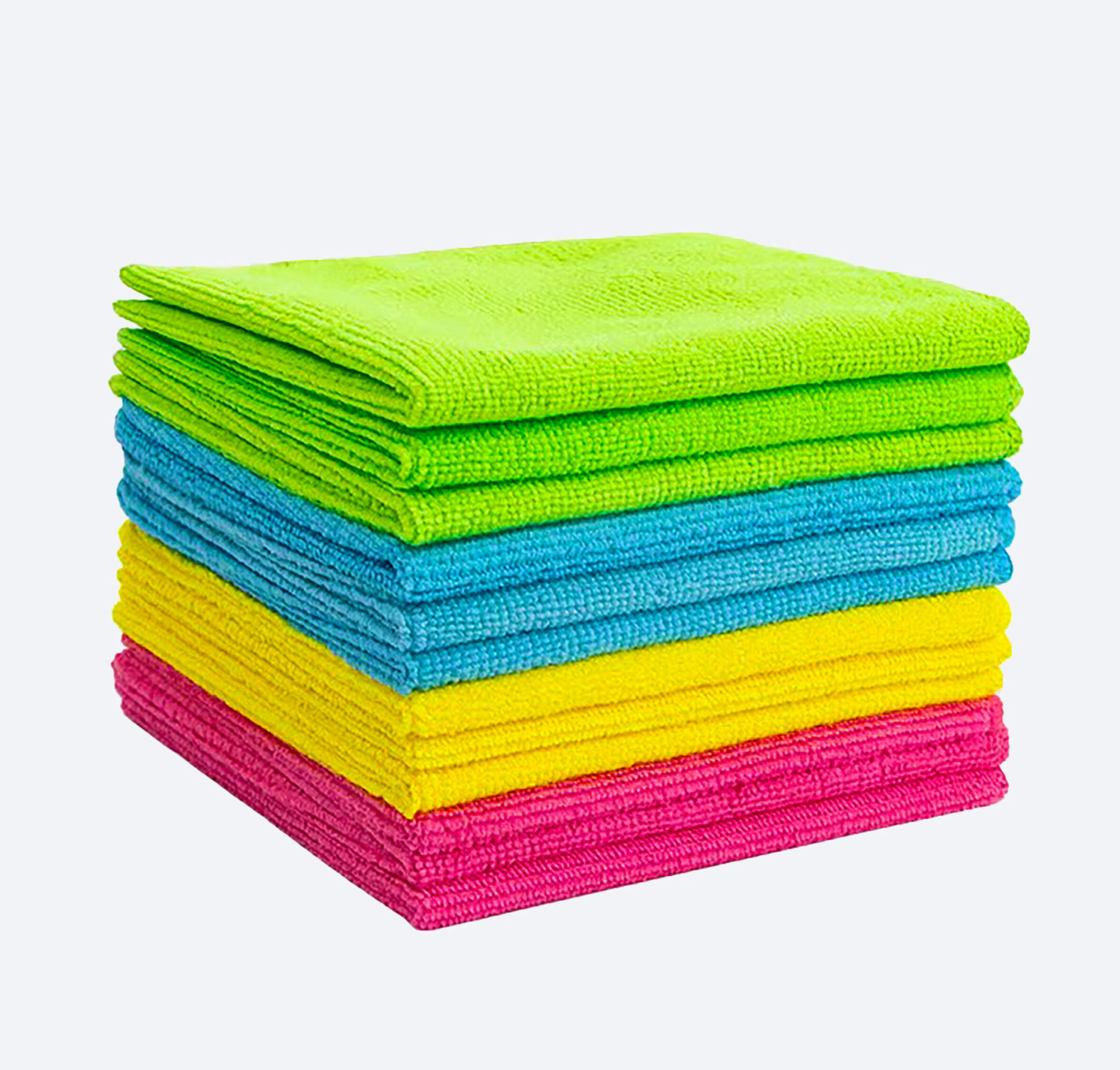 Neatly stacked microfiber towels in green, yellow, blue, and pink for household cleaning