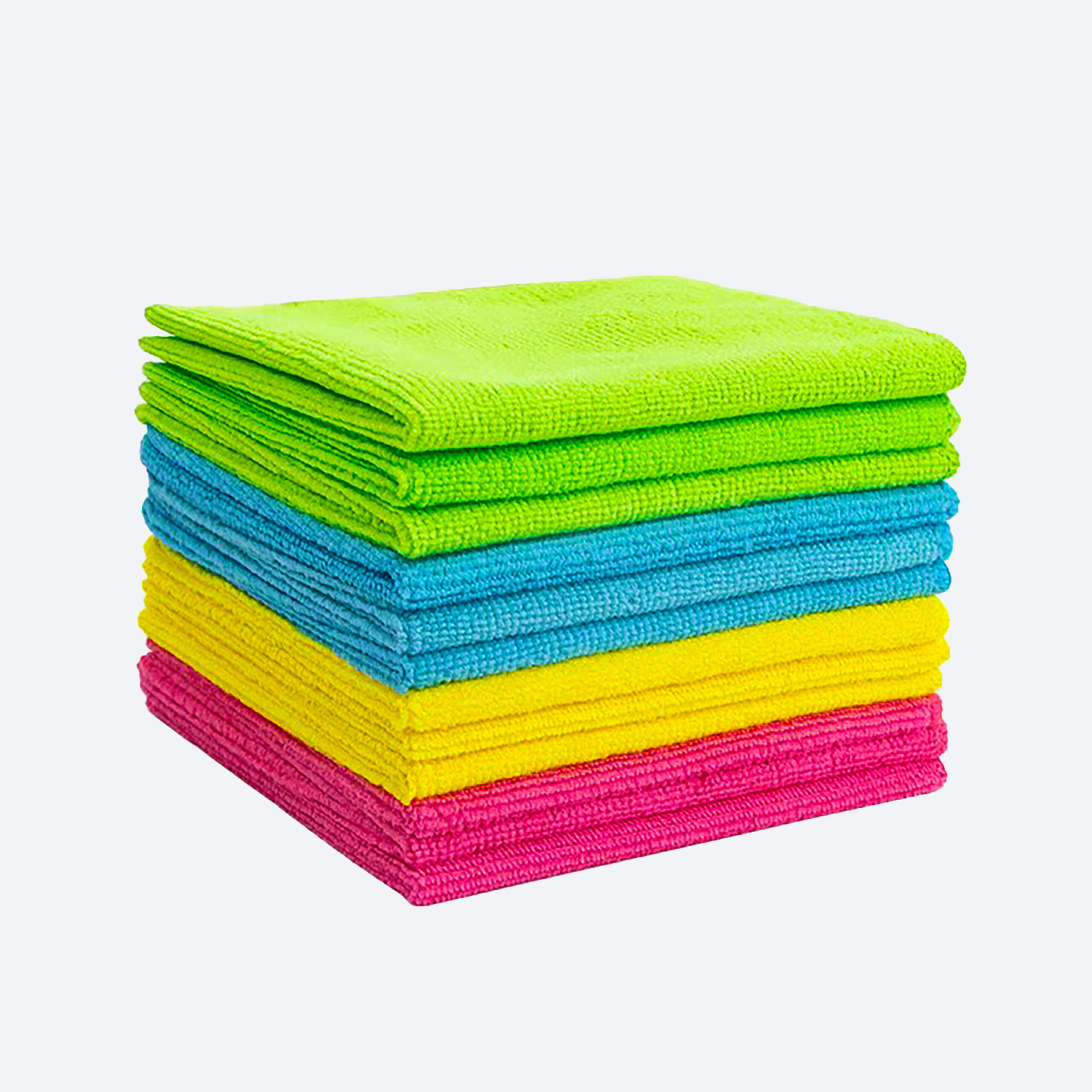 Neatly stacked microfiber towels in green, yellow, blue, and pink for household cleaning