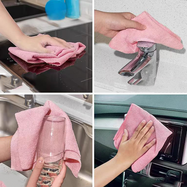 Step-by-step photo showing a pink microfiber cloth used for cleaning glass cup and car mirror