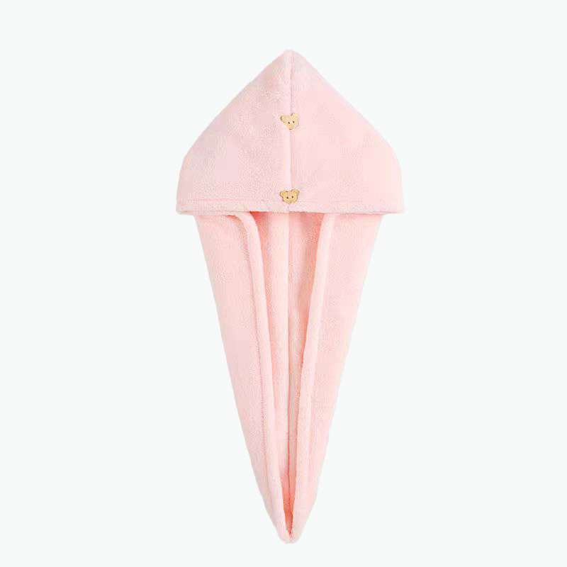 Light pink microfiber hair drying cap with snap button for secure wrapping
