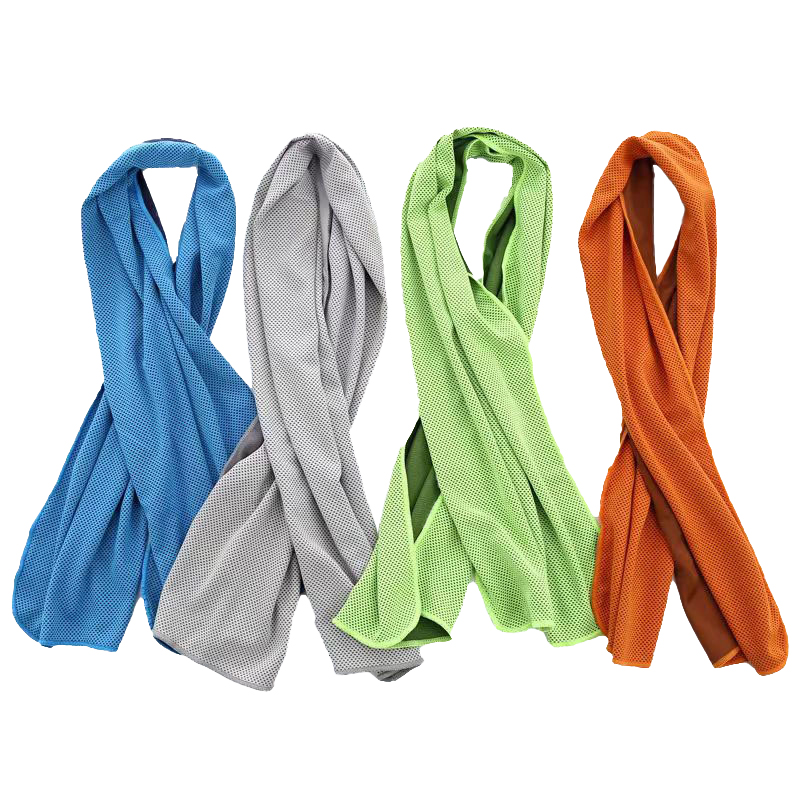 Set of four microfiber cooling sport towels in different colors, displayed in a vertical twisted arrangement