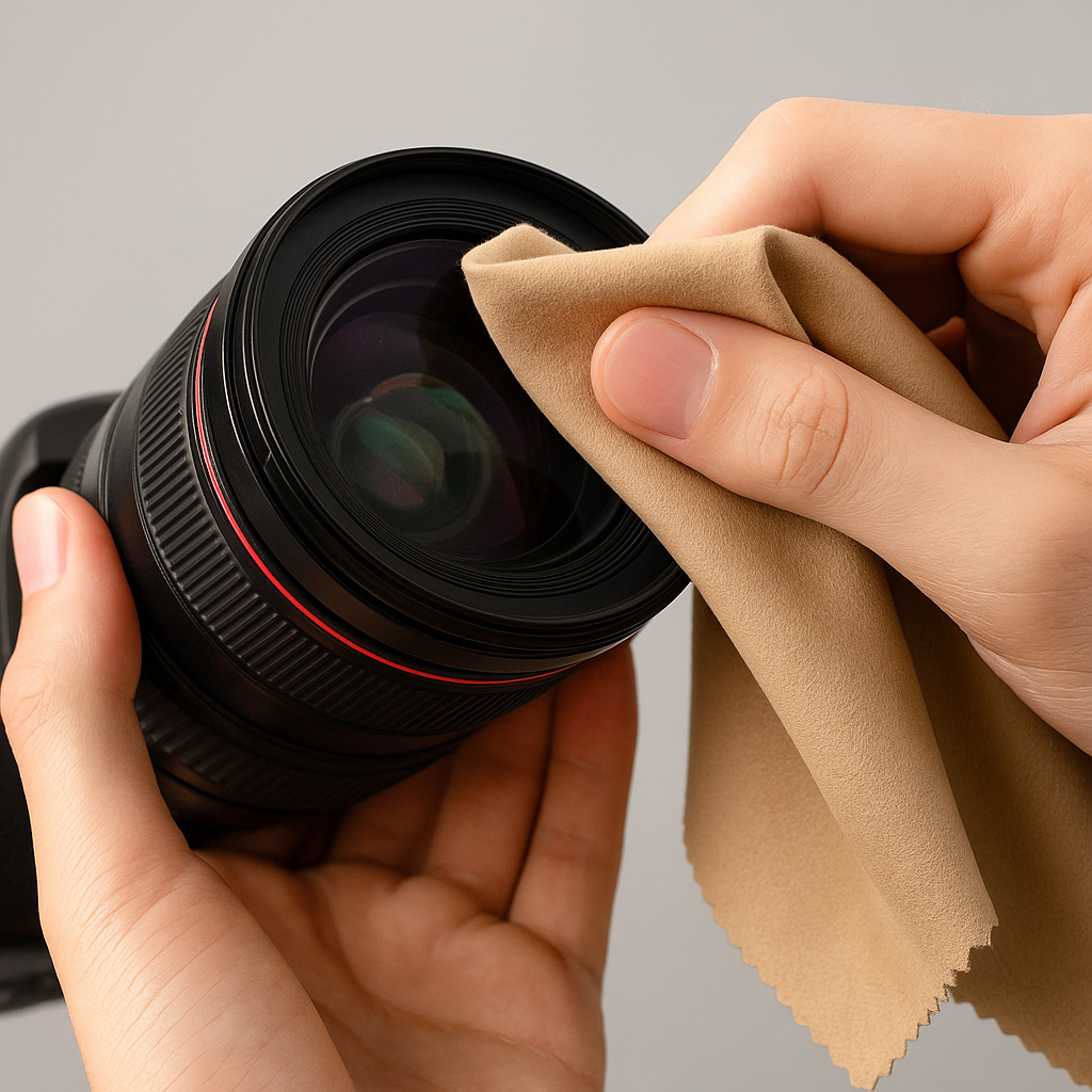 Person gently wiping camera lens with soft microfiber cloth