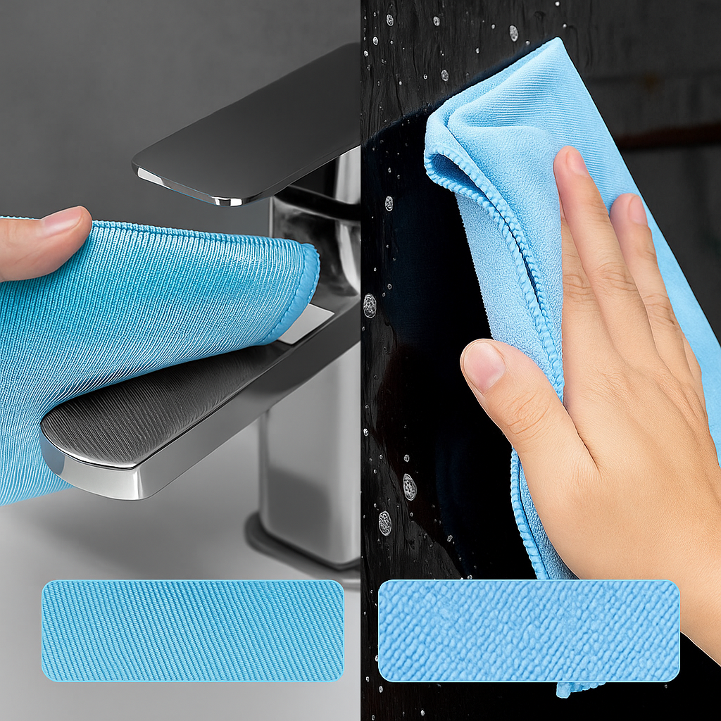 Comparing glossy and matte microfiber glass cloths used on faucet and window