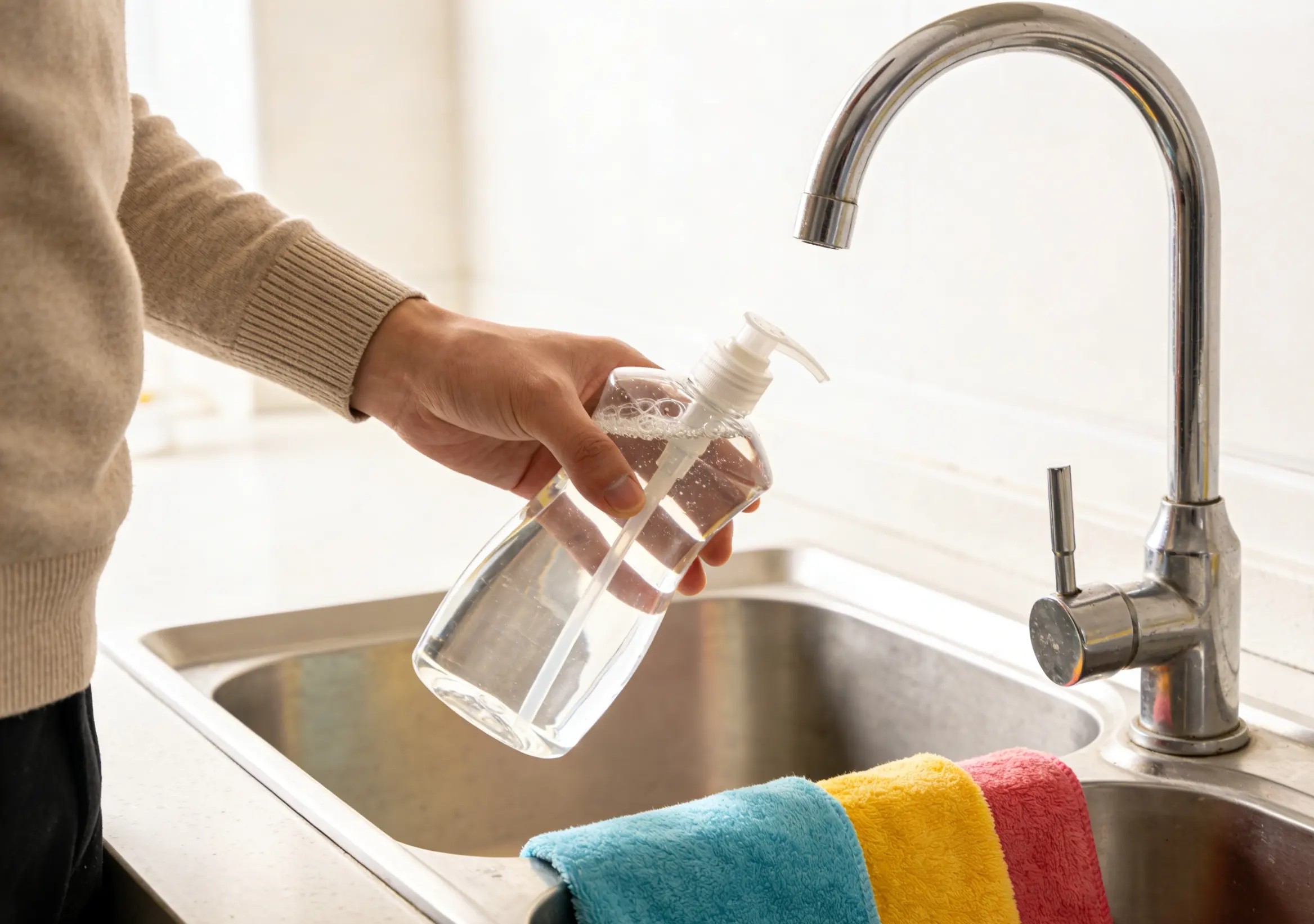 mild dish soap and warm water applied to fabric with microfiber cloth