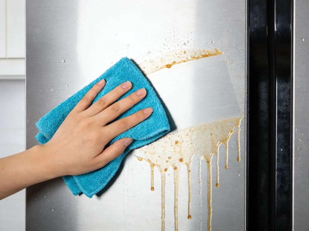 Can I use a damp microfiber cloth to clean the refrigerator?