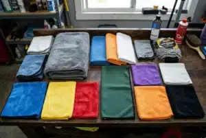 A collection of different types of microfiber car care cloths