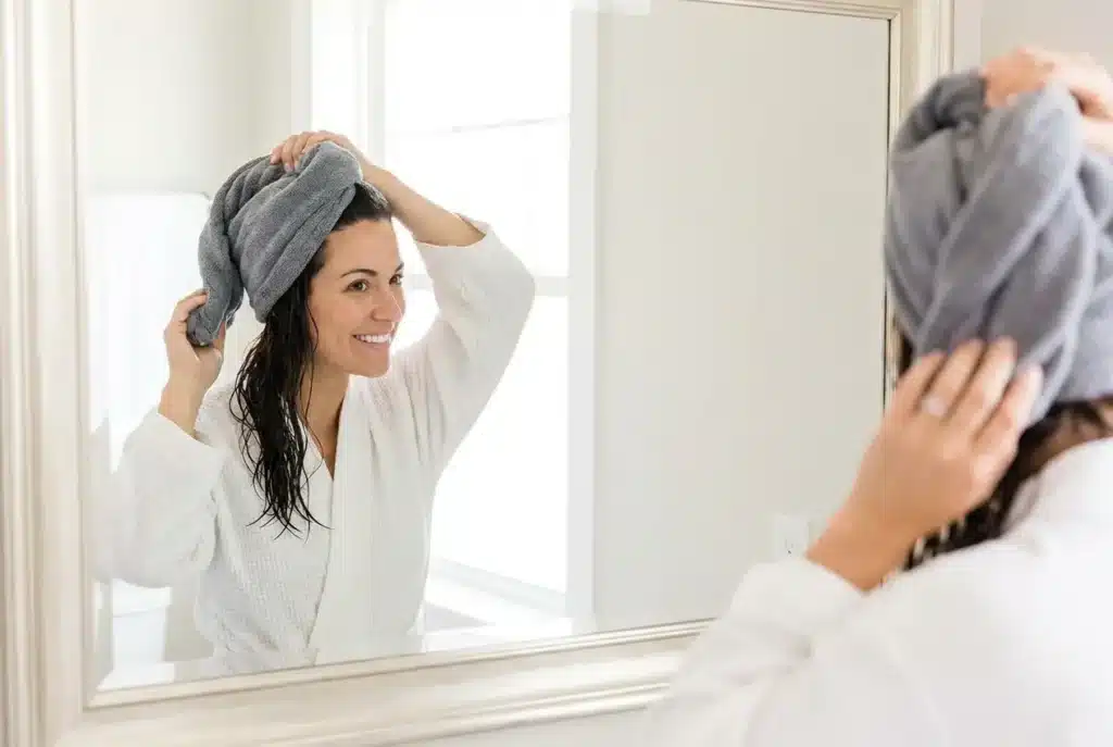 a woman wrapping her hair in a microfiber towel