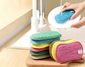 A dual-sided sponge cloth with a soft and a rough side