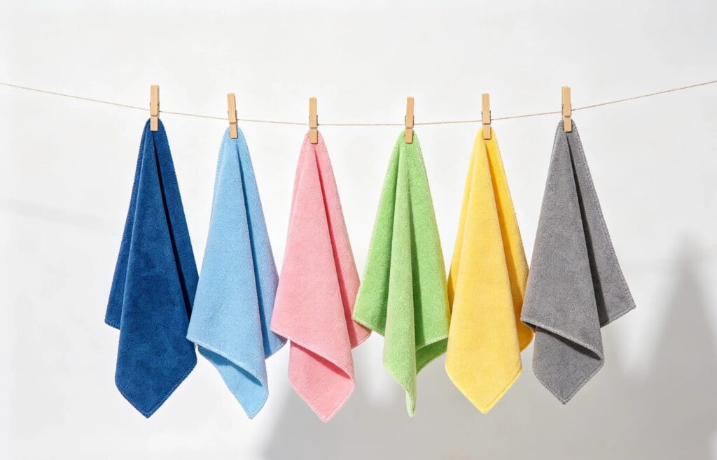 Color-coded microfiber cloths hanging on a line