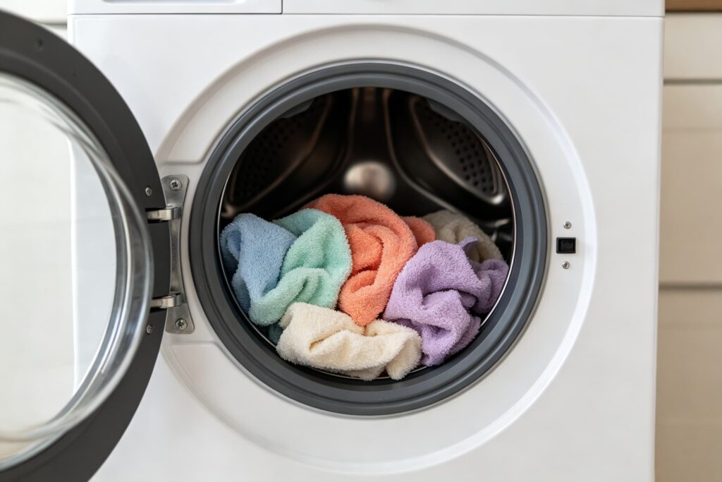 A washing machine with microfiber cloths inside